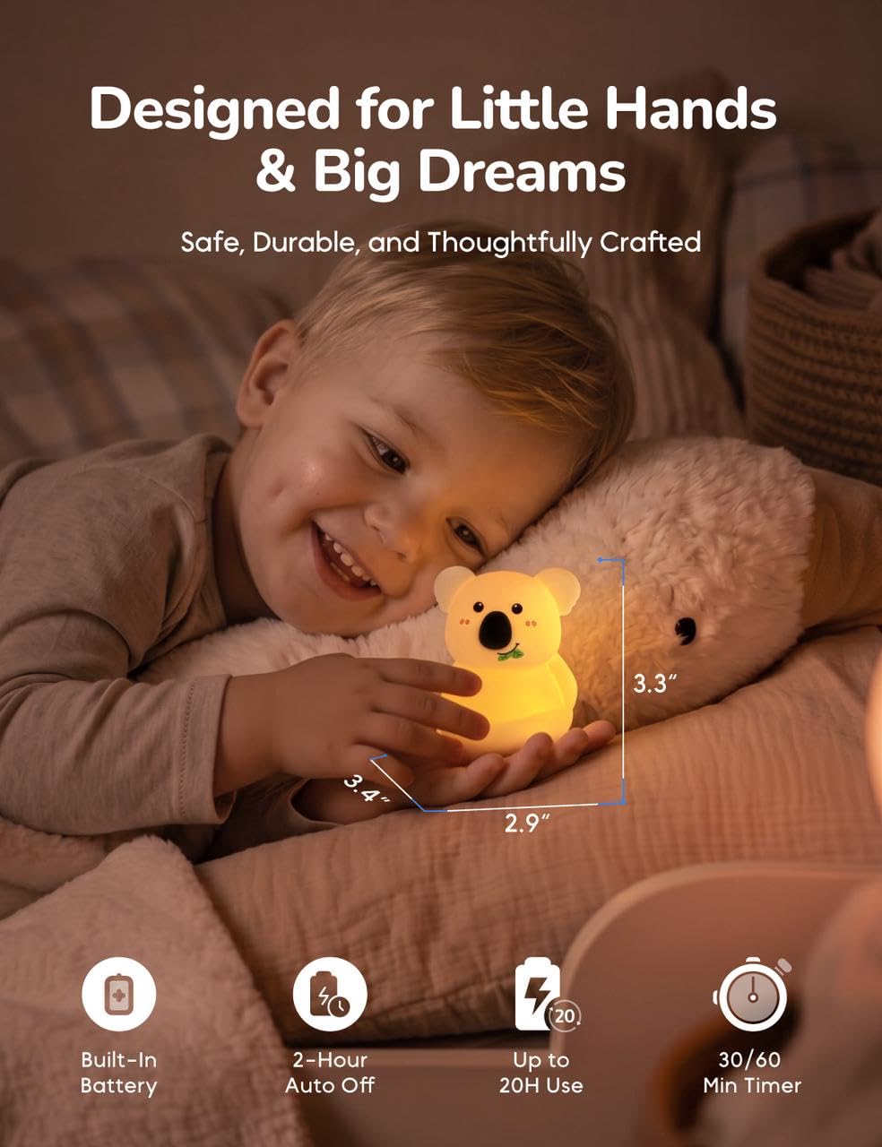 Slumber Pal Mini Koala Night Light for Kids, Silicone Squishy Night Light with 8 Color Changing, Warm Red Glow & Timer, Portable Rechargeable Night Light for Baby Car Seat, Bedroom & Travel