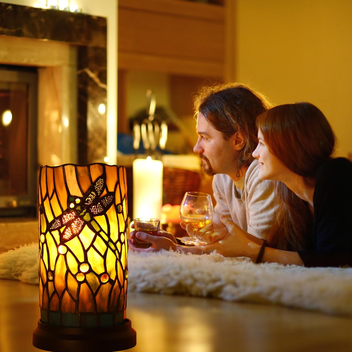 KALOUFUL Tiffany Style Table Lamp for Bedroom Baroque Stained Glass Nightstand Bedside Night Lamp Party Light Hand-Made Art Home Deco Christmas Gifts W/ 2 LED Bulbs (3 Color Temperatures+Flame Bulb)