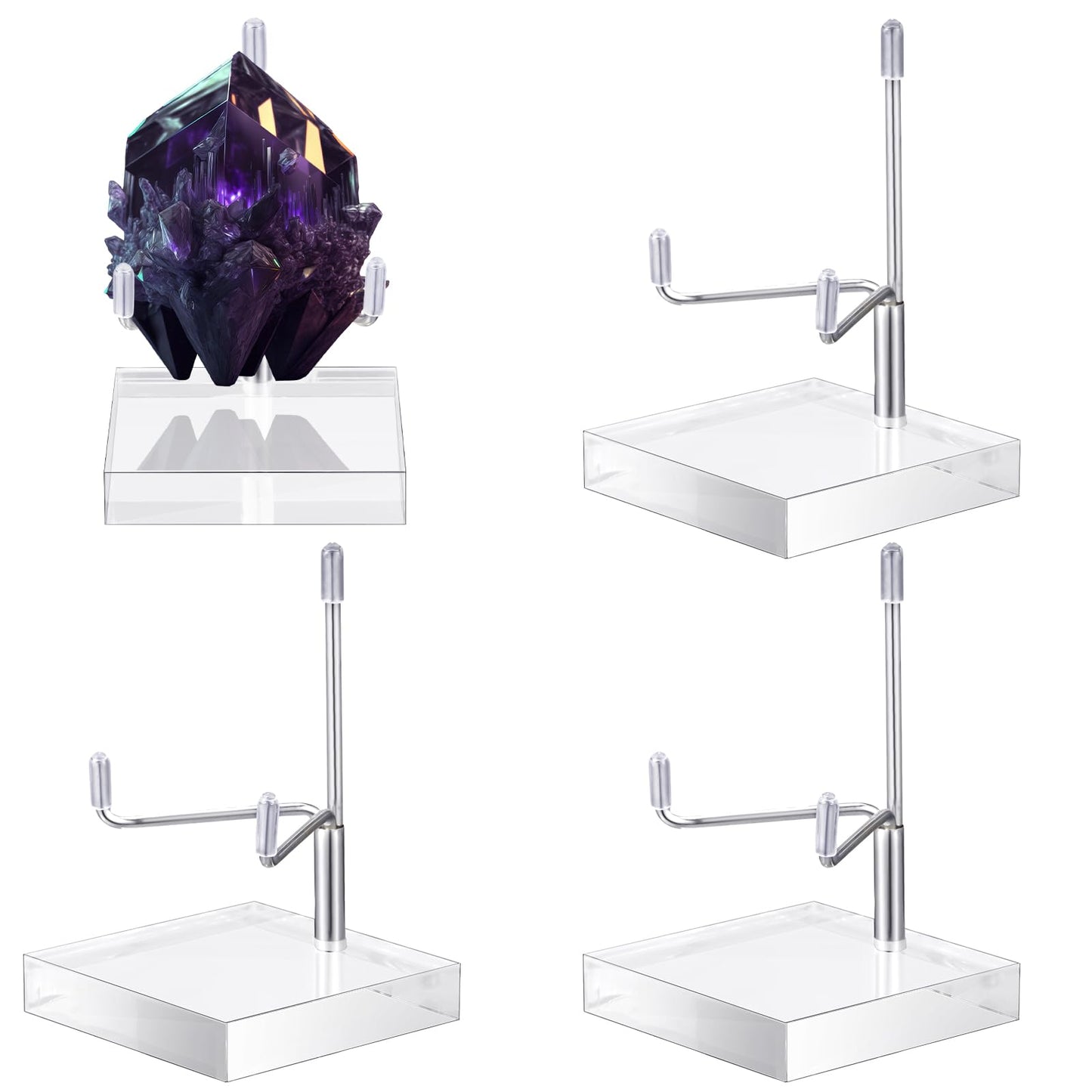 Suzile 4 Pcs Adjustable Metal Arm Display Stand Easel with Acrylic Base Rock Display Easel Holder Acrylic Crystal Clear Plate Stand for Geodes Mineral Agate(Silver,2 x 2 x 3 Inch)