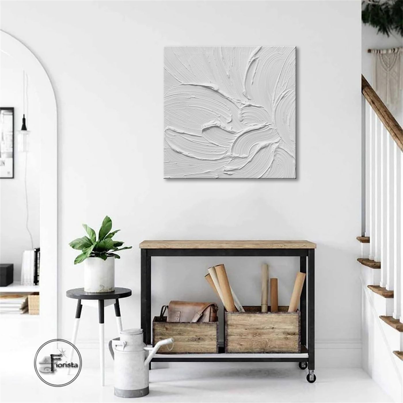 zoinart Hand Painted White Canvas Wall Art, 20x20 Inches Abstract Thick Textured Painting, Plaster Wall Art