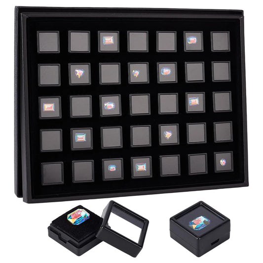 PH PandaHall 35pcs Black Gemstone Display Box, Acrylic Small Loose Diamond Cases 1.2inch Square Transparent Jewelry Box with Lid Foam Stone Storage Container for Collectibles Crystal Small Items