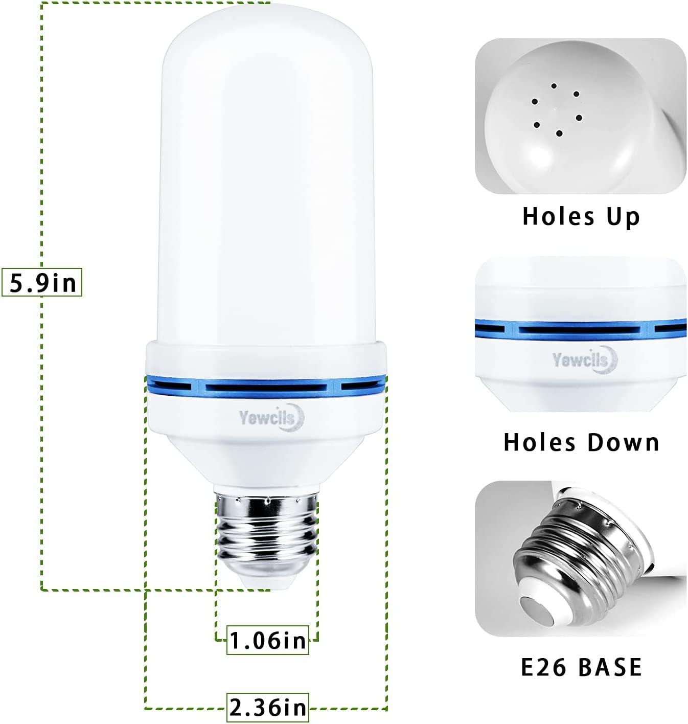 Yewclls LED Flame Effect Light Bulb, 4 Modes E26 Base Fire Light Bulbs with Gravity Sensor (Green - 2 Pack)