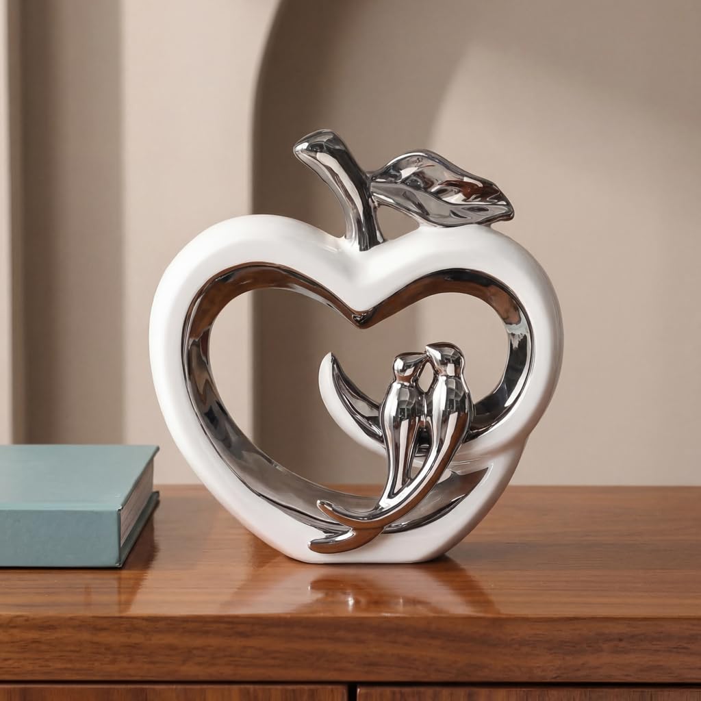 Ceramic Statue Home Decor, Fruit with Birds Sculpture, Modern Aesthetic Abstract Art Decorative Accent Table Decorations for Living Room Bedroom Bookshelf Table Office Centerpiece (White Silver)