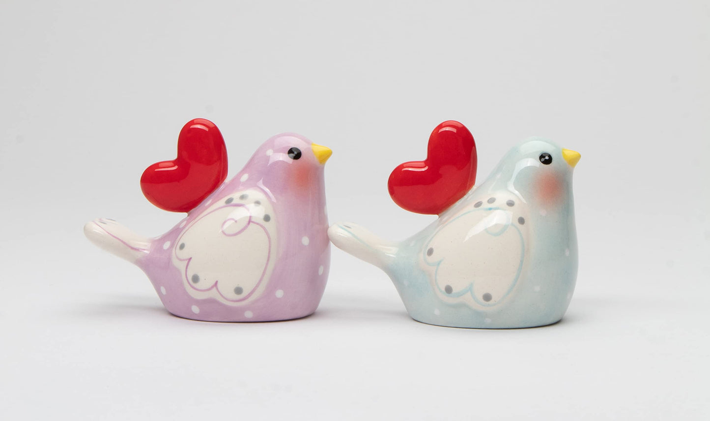 Fine Ceramic Valentine Love Birds with Red Heart Salt & Pepper Shakers Set, 3-3/8" L