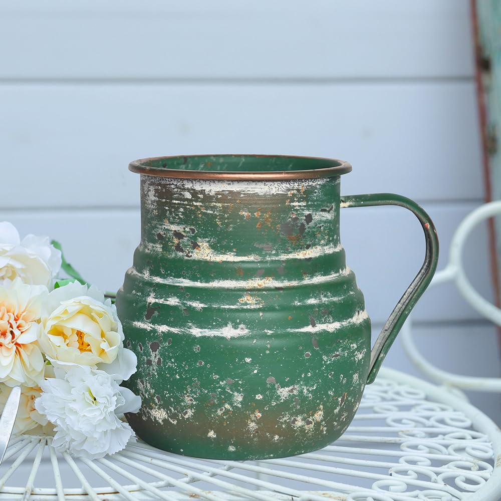 Chadechimo Rustic Metal Farmhouse Vase Shabby Chic Small Pitcher Fall Vase Brown Decorative Vase for Farmhouse Kitchen Decor（Green）