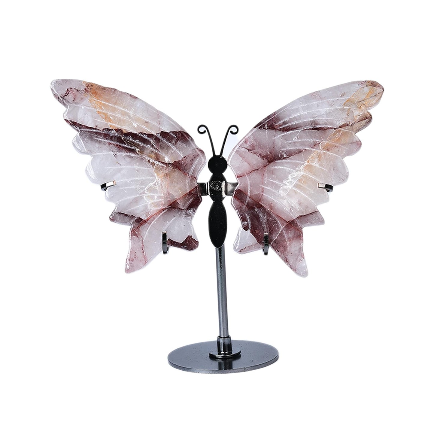 JIC Gem Hematoid Quartz Crystal Stone Butterfly Art Decorative Healing Crystal Slices Carved Angel Wings with Silver Stand Office Home Decor Reiki Gifts (1pair, 10cm)