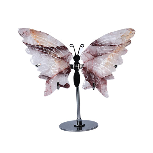 JIC Gem Hematoid Quartz Crystal Stone Butterfly Art Decorative Healing Crystal Slices Carved Angel Wings with Silver Stand Office Home Decor Reiki Gifts (1pair, 10cm)