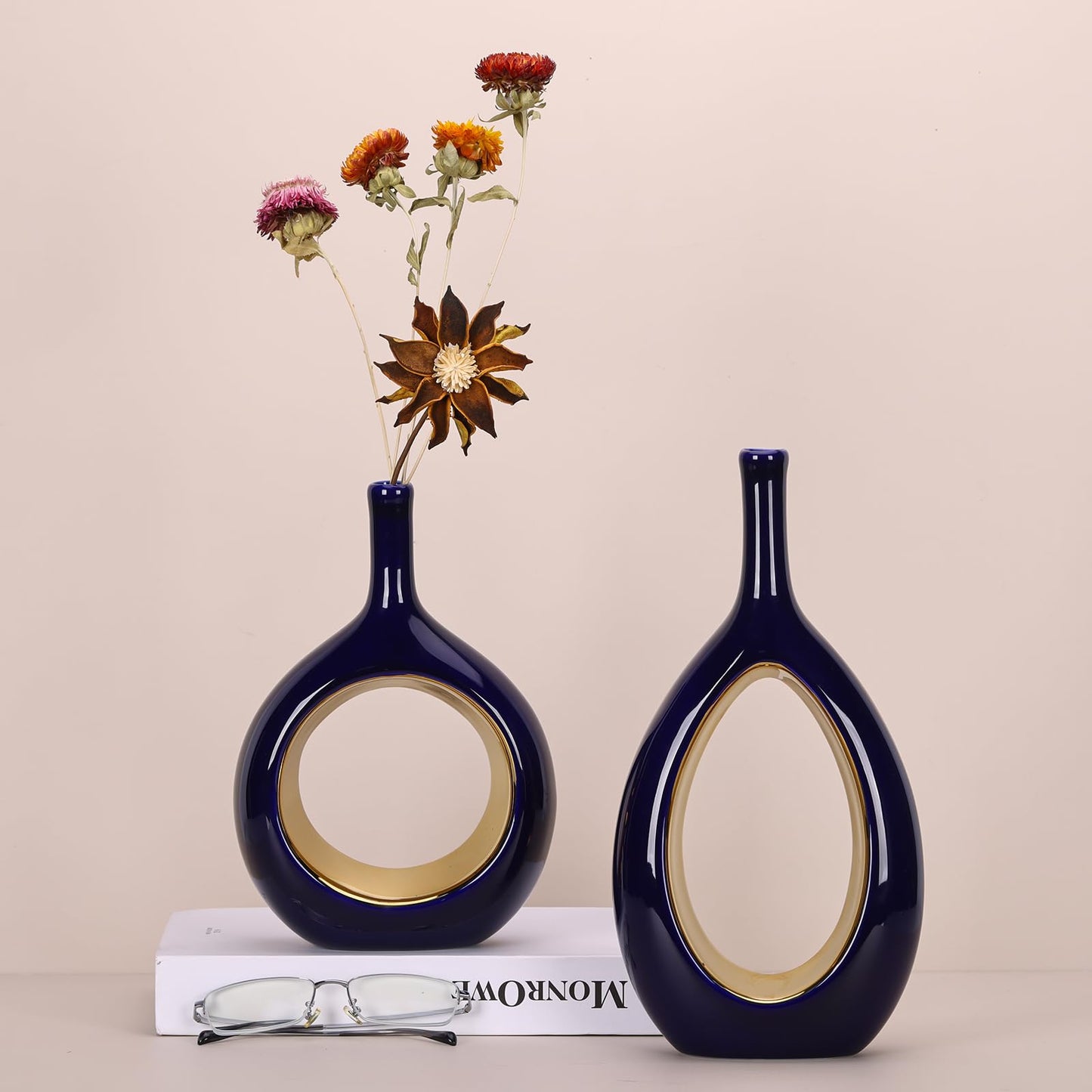 Blue and Gold Vase Ceramic Blue Vases Home Decor,Modern Minimalist Circle with Hole Decorative Vase, Hollow Ellipse Flower vases for Bookshelf, Fireplace Mantle, Centerpieces,Farmhouse,Rustic Décor