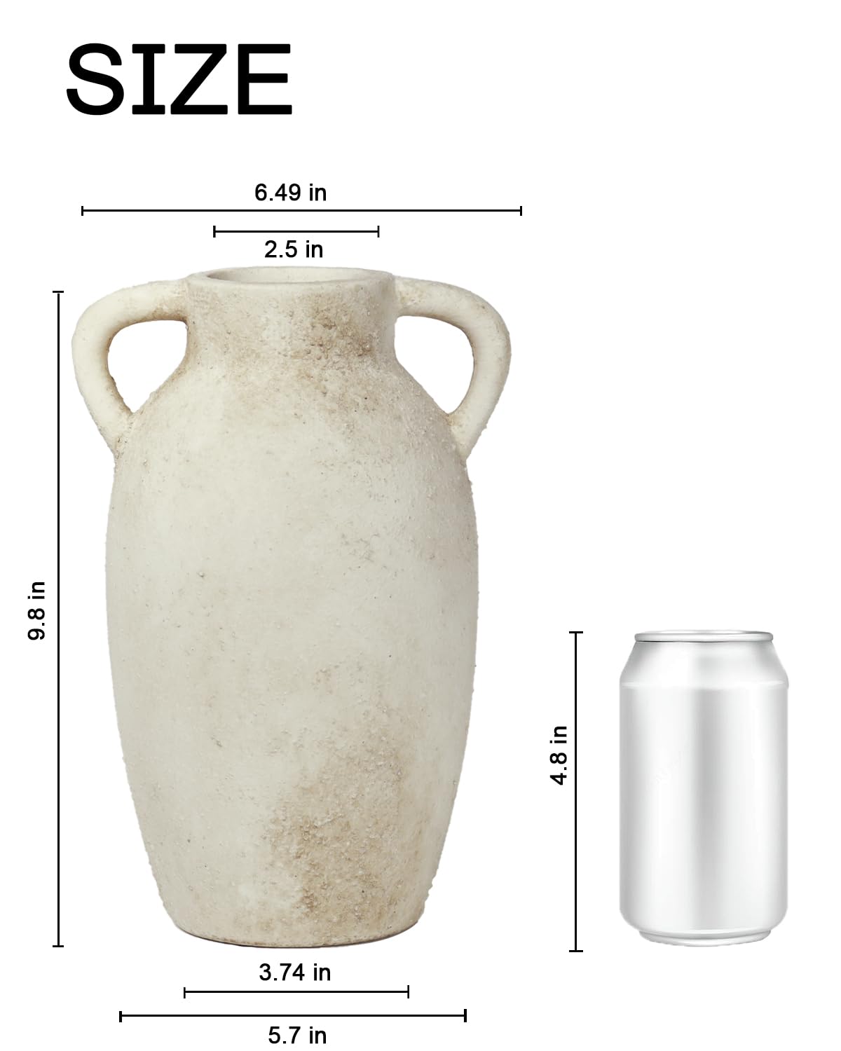 Ceramic Flower Vase Home Decor – 9.8 Inch Pottery Rustic Farmhouse Decorative Vase with Handles for Table Centerpiece, Shelf & Mantel, Beige