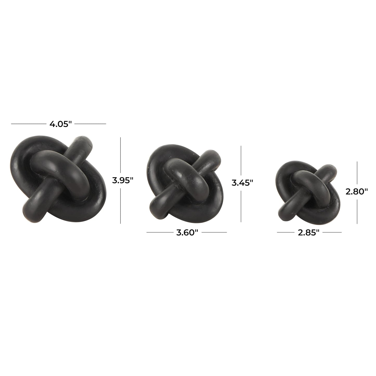CosmoLiving by Cosmopolitan Resin Geometric Decorative Sculpture Knot Inspired Home Decor Statues, Set of 3 Accent Figurines 4", 4", 3"W, Black