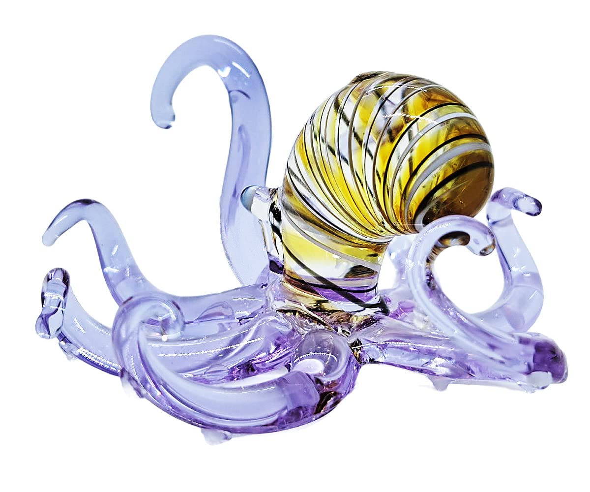 WitnyStore 3" Striped Yellow Purple Octopus Artistic Blown Glass Figurine Premium Hand-Blown Statue Tabletop Decoration Unique Collectible for Adult Collectors Handcrafted Elegant Home Room Decor