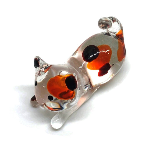 Handmade Mini 2" Cat Figurine Blown Glass Art Chopstick Rest Dinner Decoration, Miniature Pet Animals, Home or Table Decor Gift Ideas (White with Polka Dot Cat No.2)