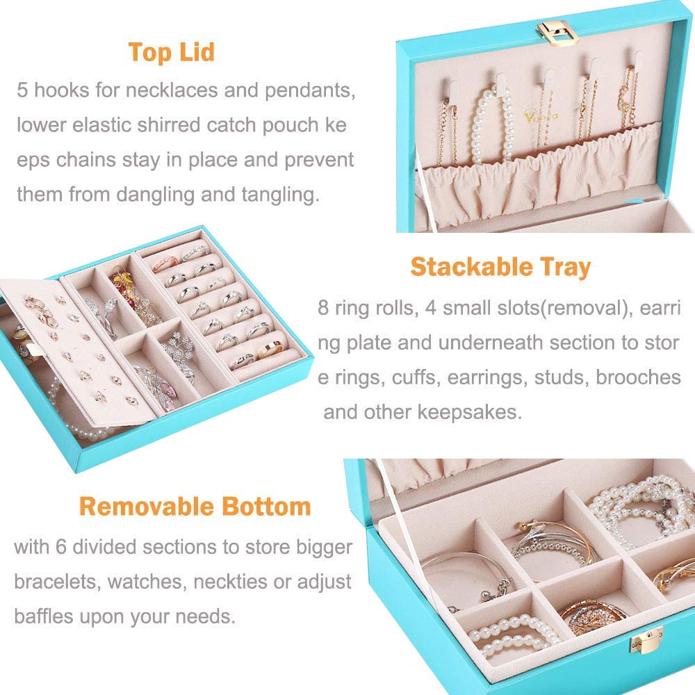 Voova Jewelry Box Organizer for Women Girls, 2 Layer Large Men Jewelry Storage Case, PU Leather Display Jewellery Holder with Removable Tray for Necklace Earrings Rings Bracelets, Gift, Teal/Lake Blue