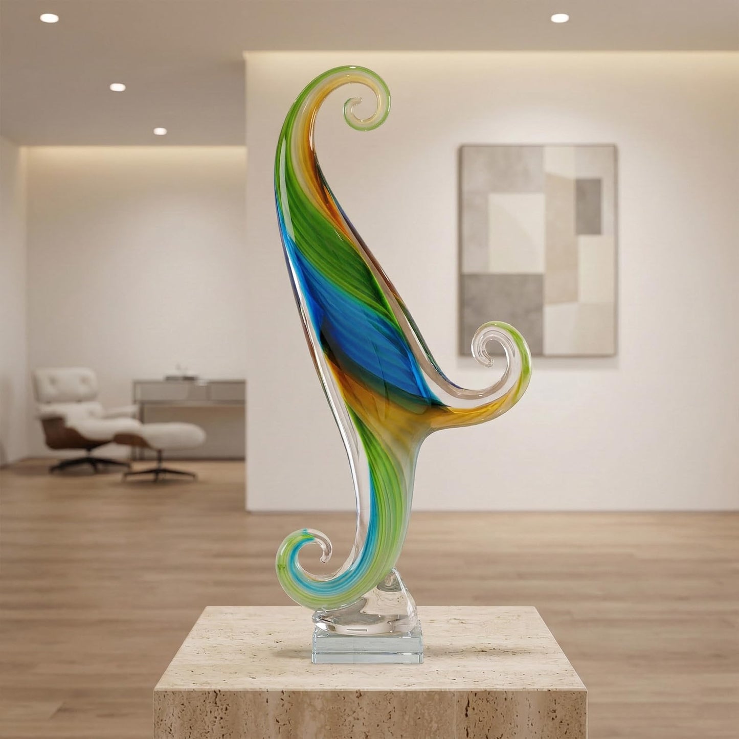 LCCCK 16.9in Tall Glass Wave Sculpture Hand Blown Art Figurine Abstract Twist Statue for Home Decor Living Room Shelf Mantel Tabletop Display Glass Sculptures Decorative Accent Piece