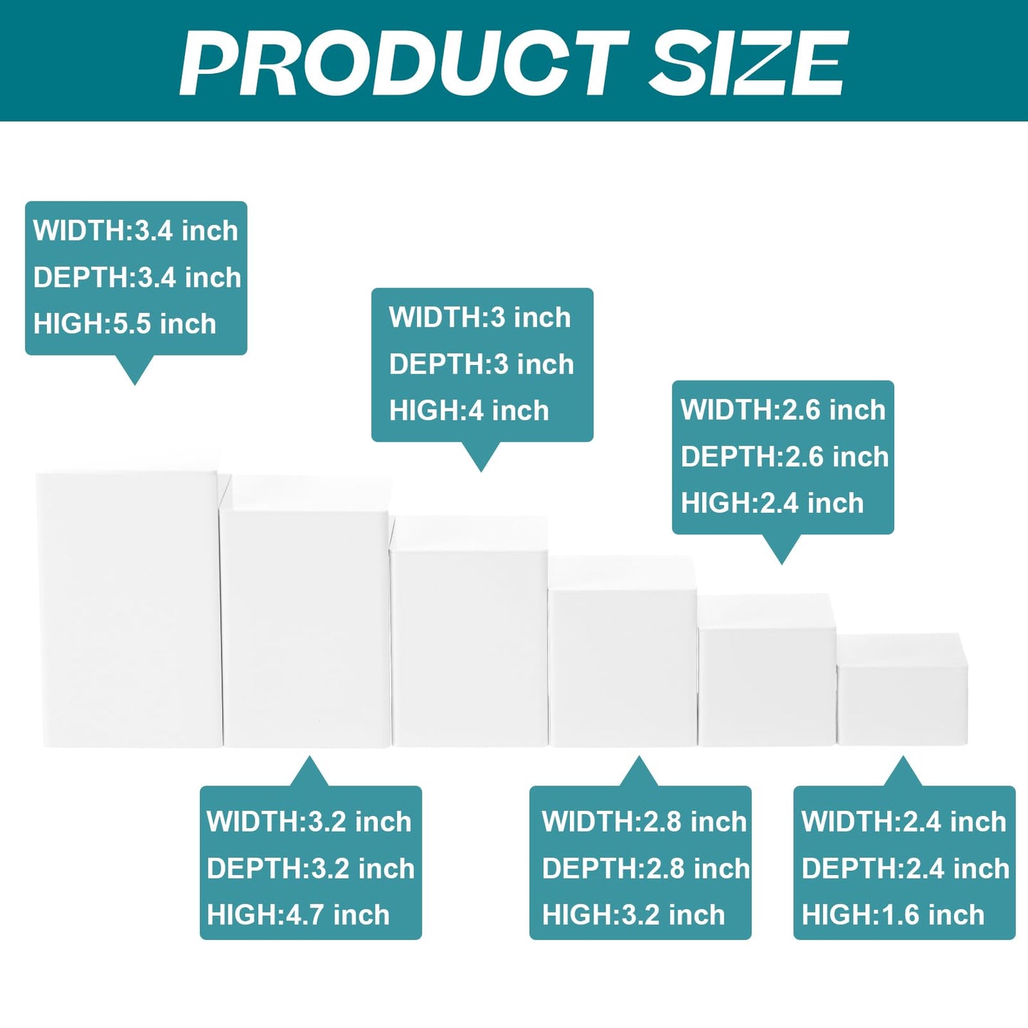 Thyle Jewelry Acrylic Risers Square Cube Display Nesting Risers Figure Stand with Hollow Bottoms Display Stand Shelf for Cosmetics Food Collectibles Perfume, 6 Sizes(White,12 Pcs)