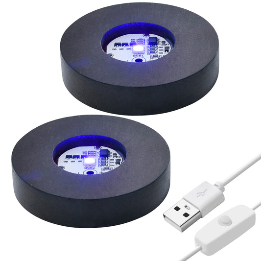2 Pcs Light LED Base Wood LED Display Base for Glass Art Decor Crystal Acrylic Resin, 7 Colored USB Black Light Base Wooden Round Lamp Stand for 3D Crystal Ball Room Home Decor(Black)