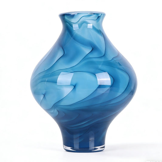Hand Blown Blue Glass Vase 9.5in, Watertight Wide Mouth Ombre Swirl Colored Glass Vase for Flowers, Coastal Boho Tabletop Art Centerpiece for Living Room Dining Table Shelf Mantel