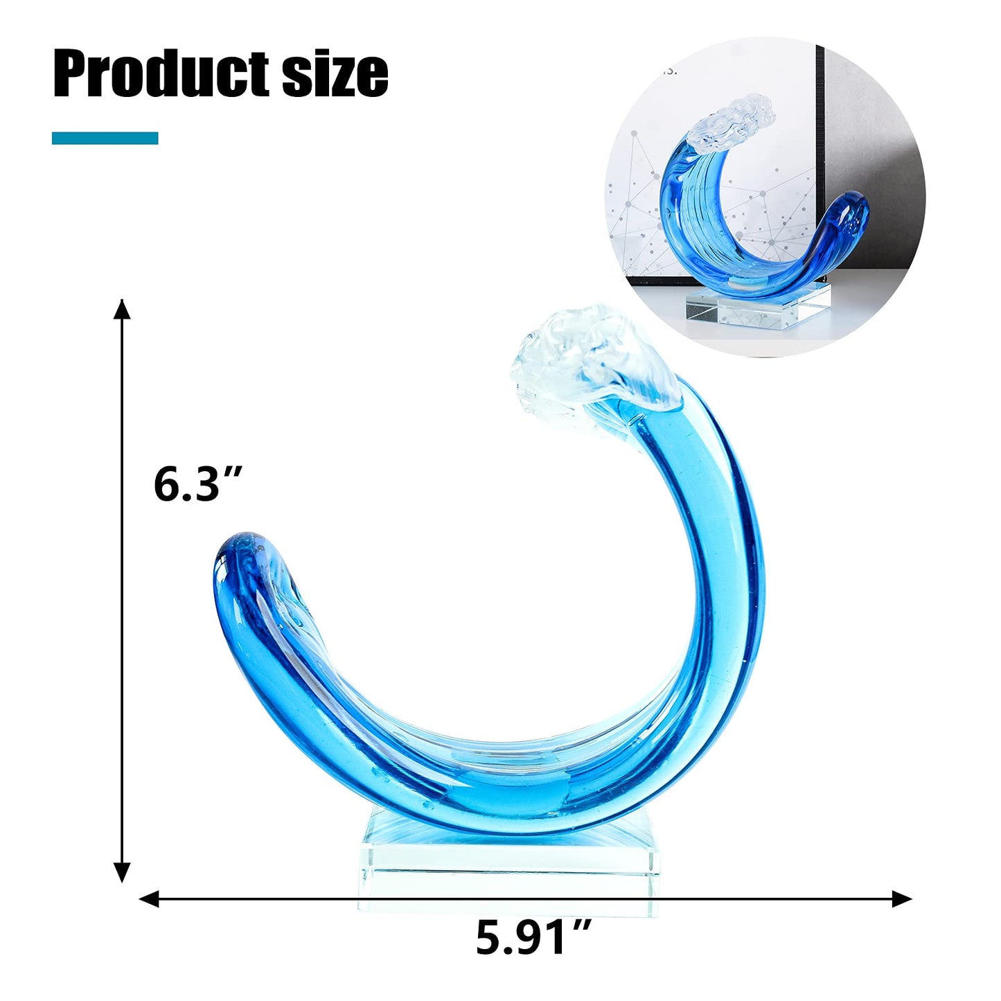 Yao Yuan Hand-Blown Glass Wave Decor Murano-Style Glass Statue and Figurine