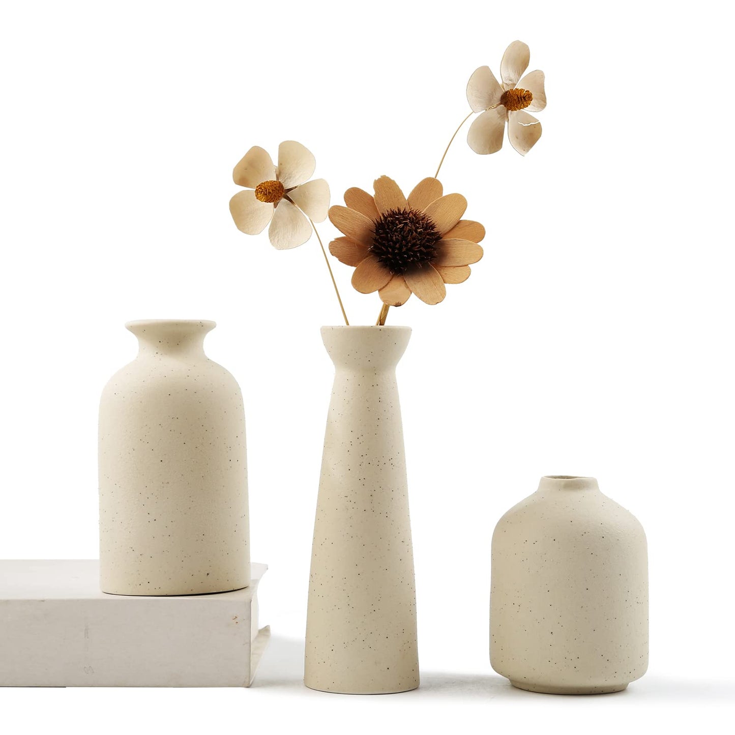 Ceramic Vase,Small Vases for Decor,Set 3 Modern Boho Vases for Flower Pampas,Fit for Living Room Desk Shelf Decor (Beige)