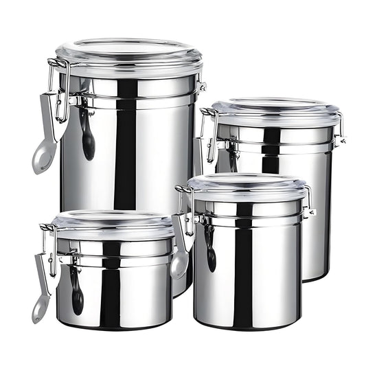 4-Piece Stainless Steel Airtight Canister Set with Clear Lids, 28/32/38/65 oz Food Storage Containers with Clamp Locks for Coffee, Tea, Sugar, Flour, Candy, Cookie, Kitchen Organization (Silver)