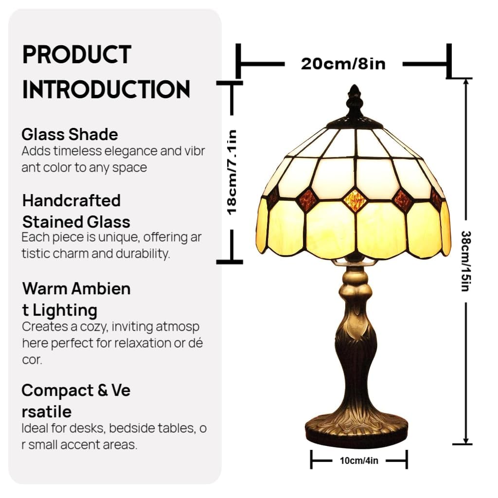 YINIETZSCHE Tiffany Style Table Lamp 8 Inch, Handmade Stained Glass Vintage Bedside Lamp, Art Glass Desk Light for Bedroom Office Living Room