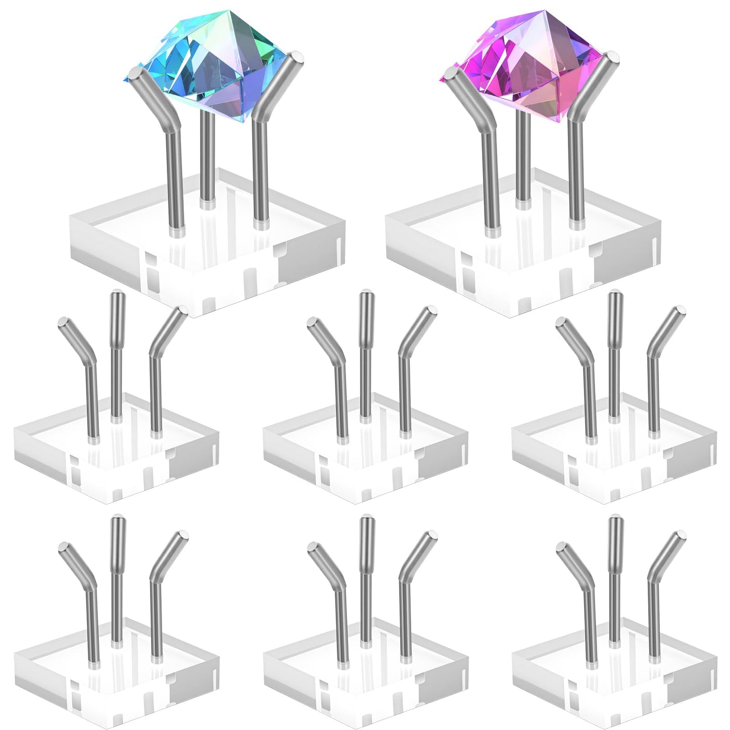AojSup 8 Pack Clear Acrylic Display Stand, Metal 3 Peg Rock Display Easel Stands 3 Peg Displays Stand for Fossil Coral Crystal Geodes Rock Mineral Agate Small Collectibles Acrylic Holder