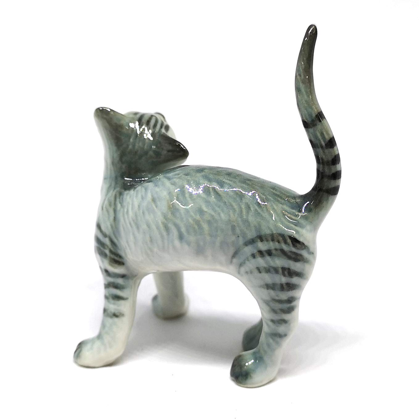 ZOOCRAFT Ceramic Cat Figurine Miniatures Stretching Gray Pet Lovers Collectibles Hand Painted Animal Poecelain