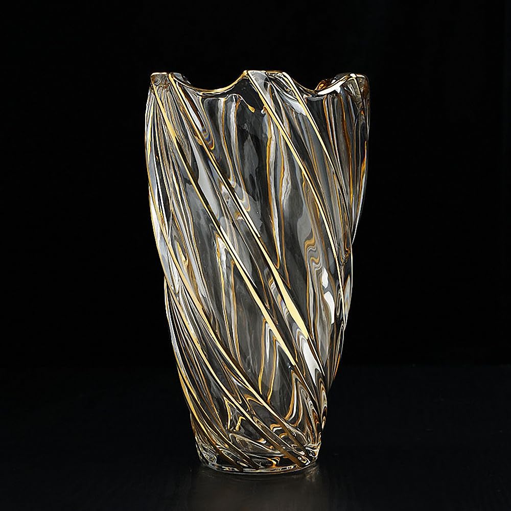 Hand Painted Gold Crystal Vase 11.2 inch Tall-Unique Whirlwind Shaped Glass Large Vase Home Office Decor for Living Room Dining Table Centerpieces, Birthday and Wedding.