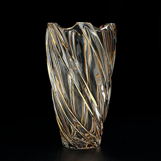 Hand Painted Gold Crystal Vase 11.2 inch Tall-Unique Whirlwind Shaped Glass Large Vase Home Office Decor for Living Room Dining Table Centerpieces, Birthday and Wedding.