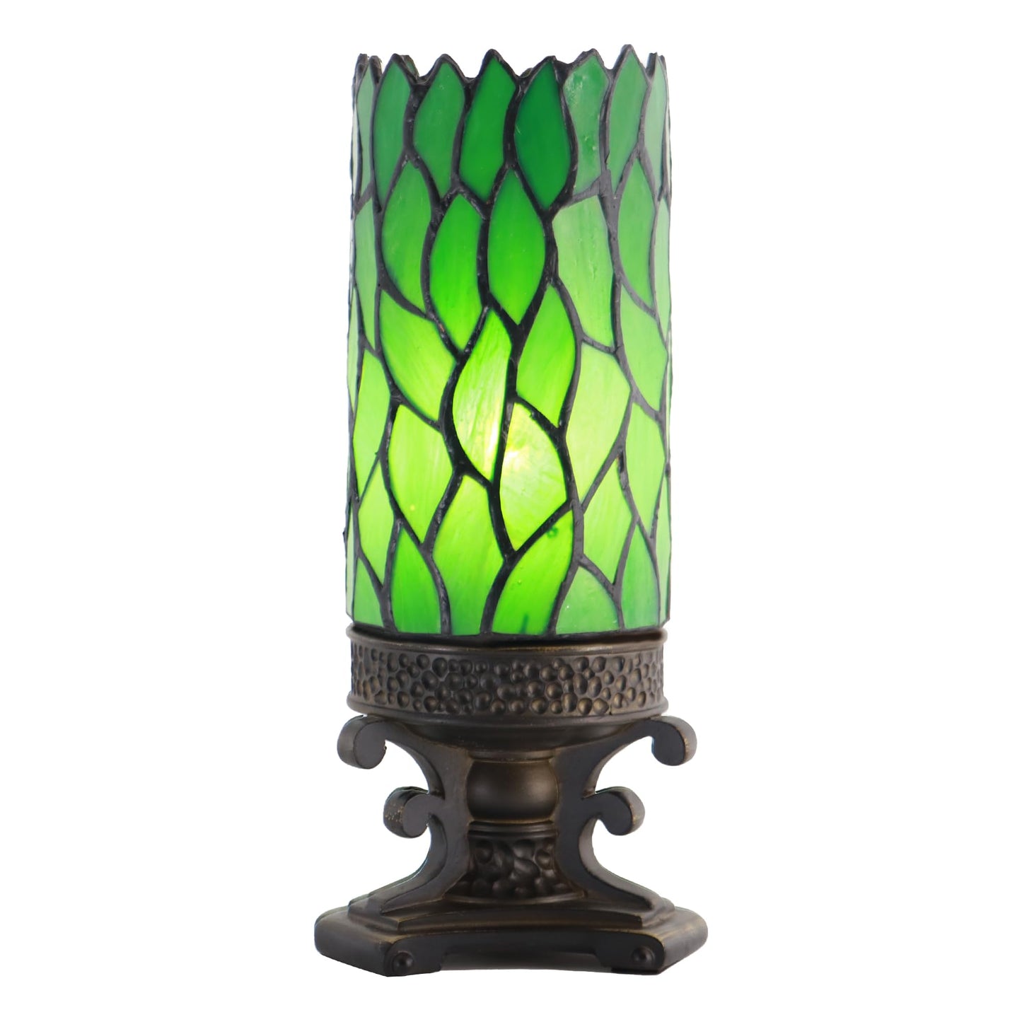 LXHCYOU Small Tiffany Stained Glass Table Lamp Mini Candle Desk Night Light with Bronze Resin Base 4" D x 4" W x 10.5" H Green Wisteria