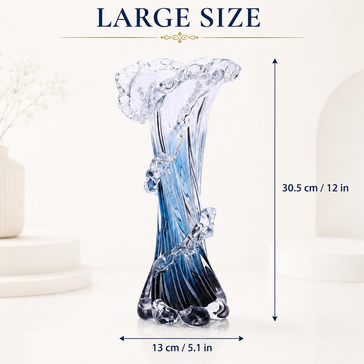 12" H Blue Blown Glass Vase, Modern Art Hand Blown Coastal Vase,Beautiful Unique Ocean Wave Centerpieces for Living Room, Bedroom, Office Desktop,Coffee Table and Wedding Decorative (L)