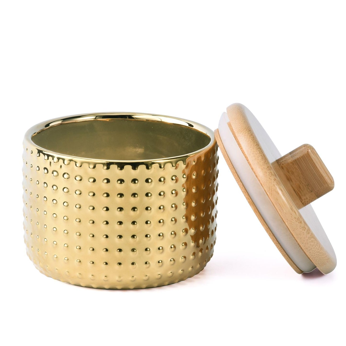 Salt Cellar Keeper with Bamboo Lid, 14oz Big Capacity Ceramic Sugar Bowls Pepper Box, Golden Water Dot Seasoning Container Condiment Pot for Kitchen (Gold Color)