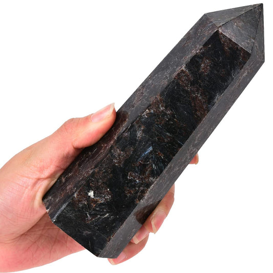 MOGEMT Large Astrophyllite Quartz Healing Crystal Tower Black Firework Stone Obelisk 6 Faceted Single Point Wand Reiki Chakra Meditation Therapy 1.5-2.0 LBS