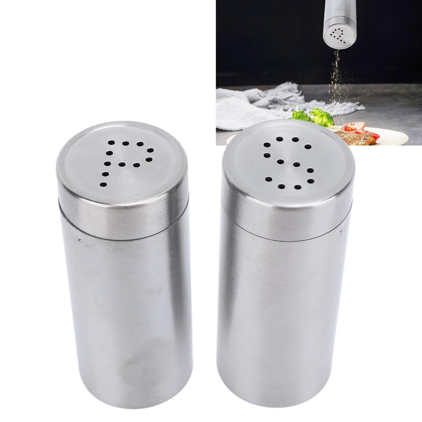 2 Pack Salt and Pepper Shakers Set, Stainless Steel Salt Pepper Shaker Seasoning Bottles with Perforated "S" and "P" Caps, Dining Table Silver Shakers for Home Cooking Restaurants Bar BBQ