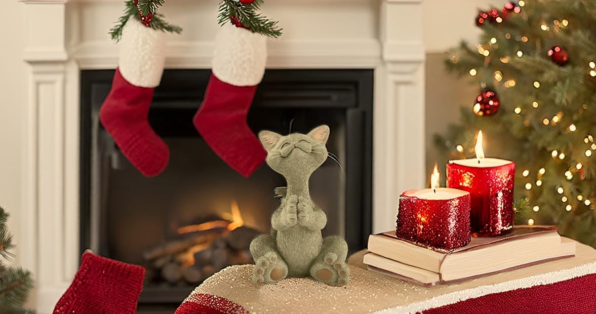 JFSM INC. Whimsical Grey Cat Praying Figurine, Resin Cat Statue, Cat Collectible, Home Decor Accent for Shelves, Mantels, Tables and Cat Lover Gifts