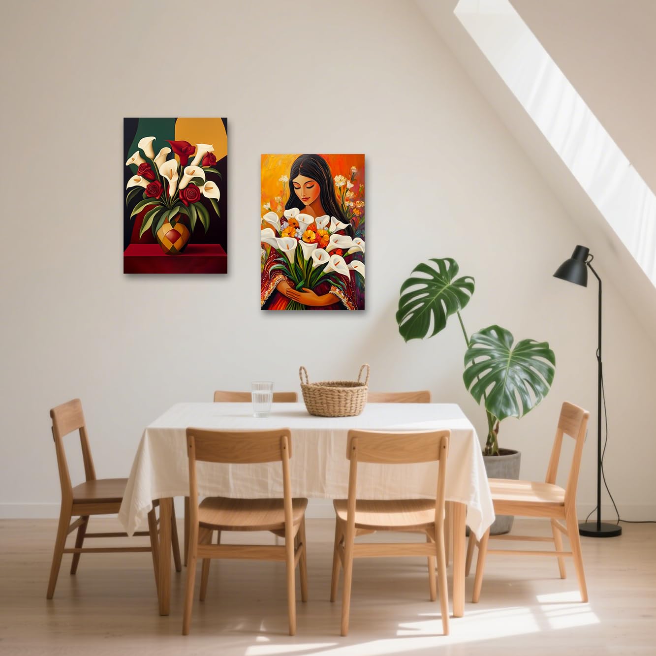 BJYCHG Calla Lily Canvas Wall Art 2 Pieces Calla Lilly Woman Art Prints Vintage Mexican Girl Flower Vase Picture Red and White Floral Painting for Bedroom (Brown, 11x14inchx2 Pieces)