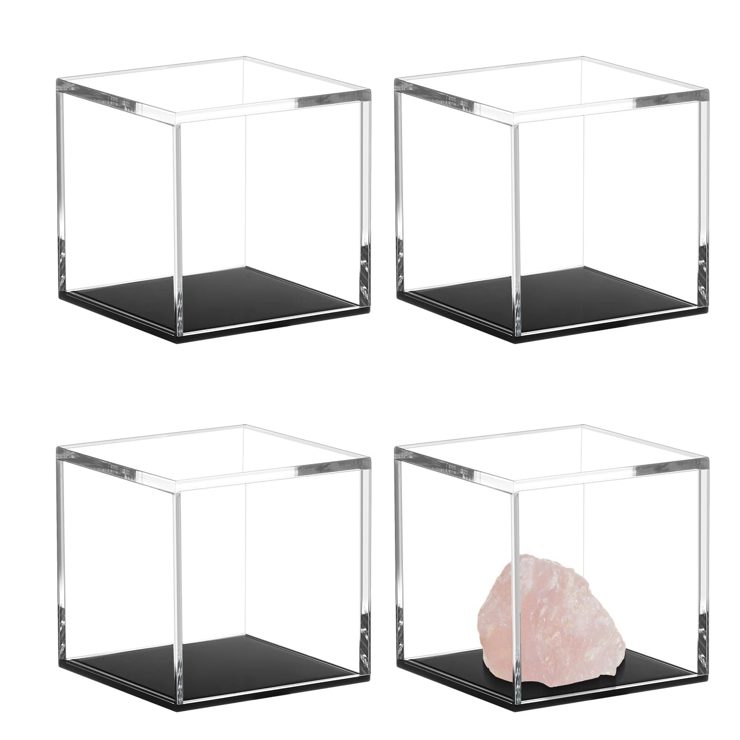 Jetec 4 Pcs Clear Acrylic Boxes for Collectibles Display, 3x3x3 Inches Plastic Clear Small Acrylic Box for Storage, Dustproof Protection Showcase Container with Black Base for Rock Coral Minerals