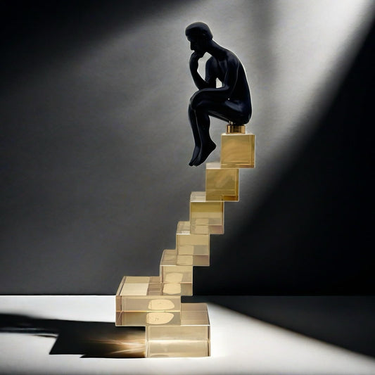 FUNSXBUG 12 Inch The Thinker Statue Thinking Man Statues Sitting on Crystal Glass Stairs Sculptures Collectible Figurine Home Decor Living Room Decoration