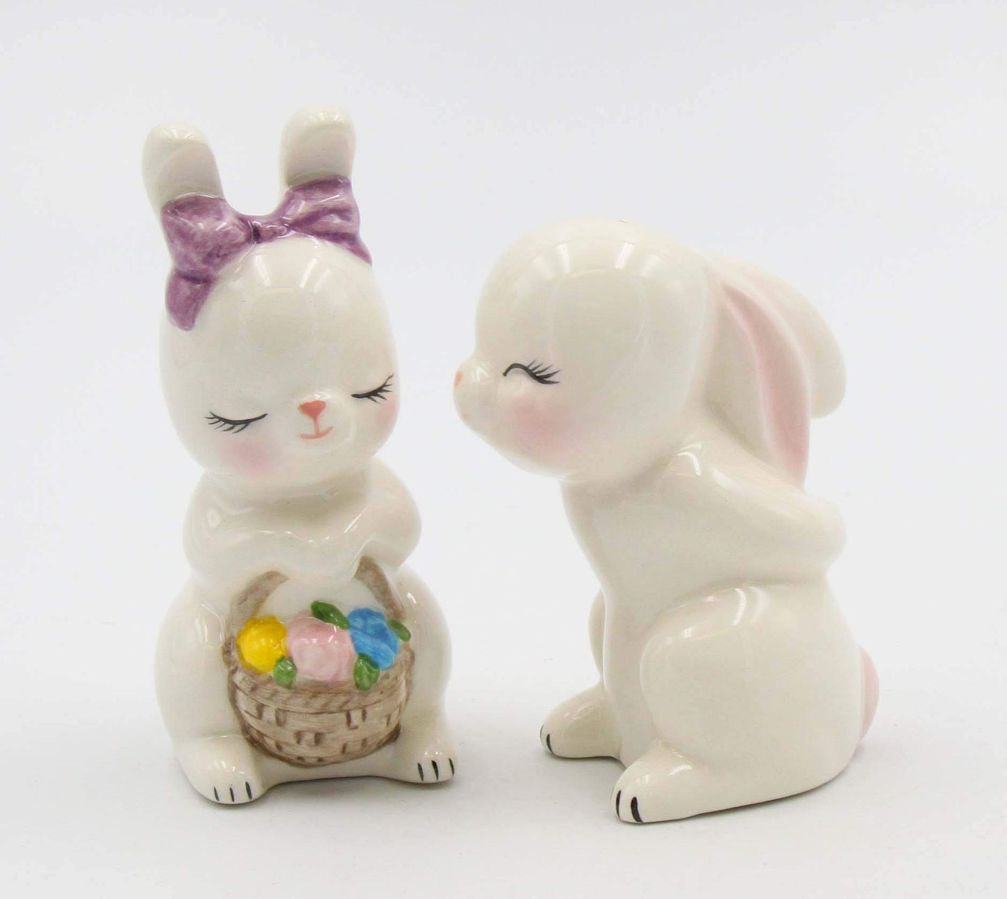 Fine Ceramic Kissing Bunny Rabbit Couple Salt & Pepper Shakers Set, 3-7/8" H