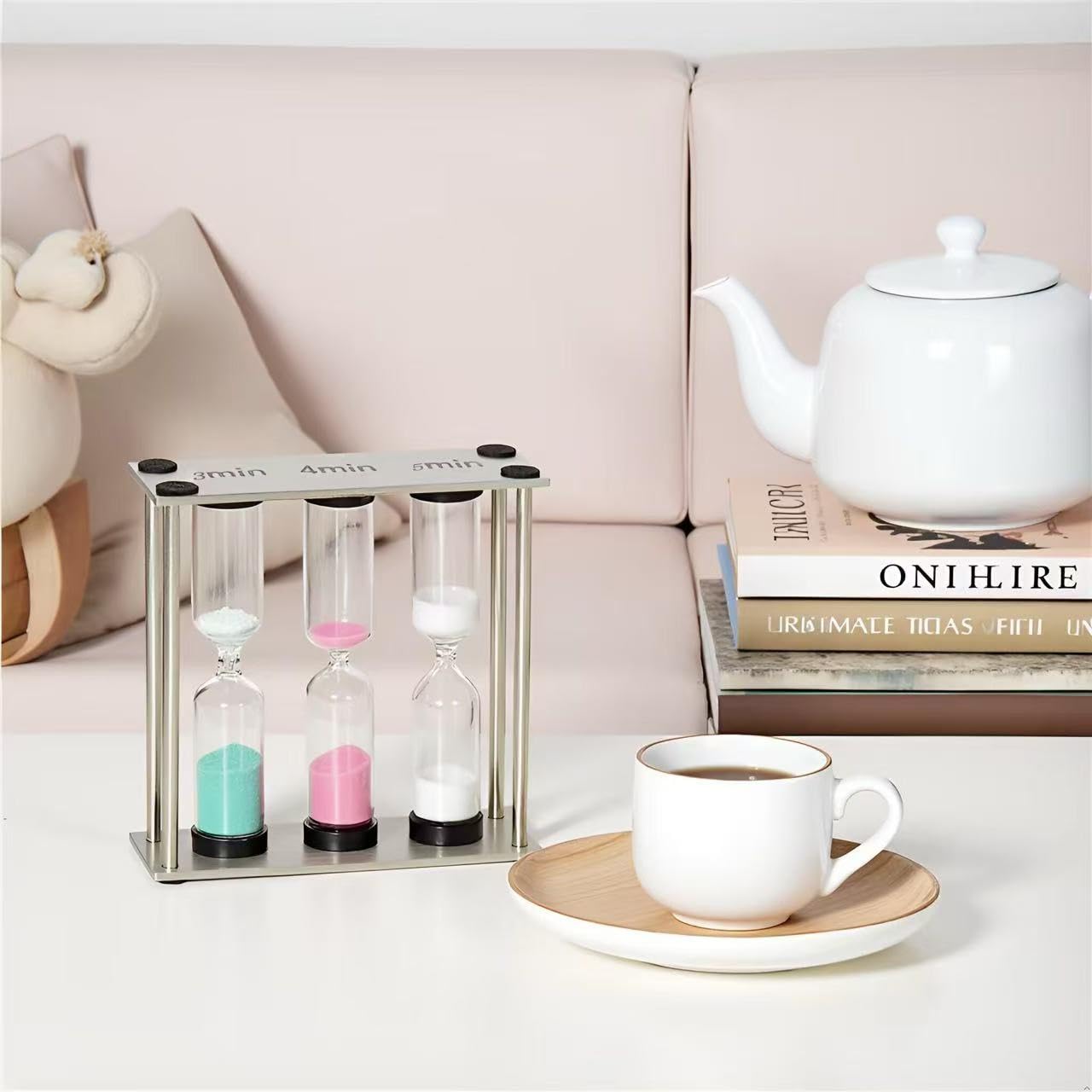 Small 3-in-1 Sand Timer, 3 inch Hourglass with Brushed Stainless Steel Frame, 3 4 5 Minute Kitchen Tea Coffee Cooking Timer, Desk Productivity Tool & Decorative Office Gift Family or Friends Present