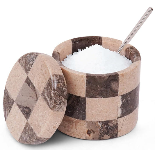 Marble Salt Cellars with Lid and Spoon Oceanic and Verona 3" Stone Containers for Kitchen Countertop, Perfect for Flaky Salt, Sugar, Coffee, and Everyday Seasonings