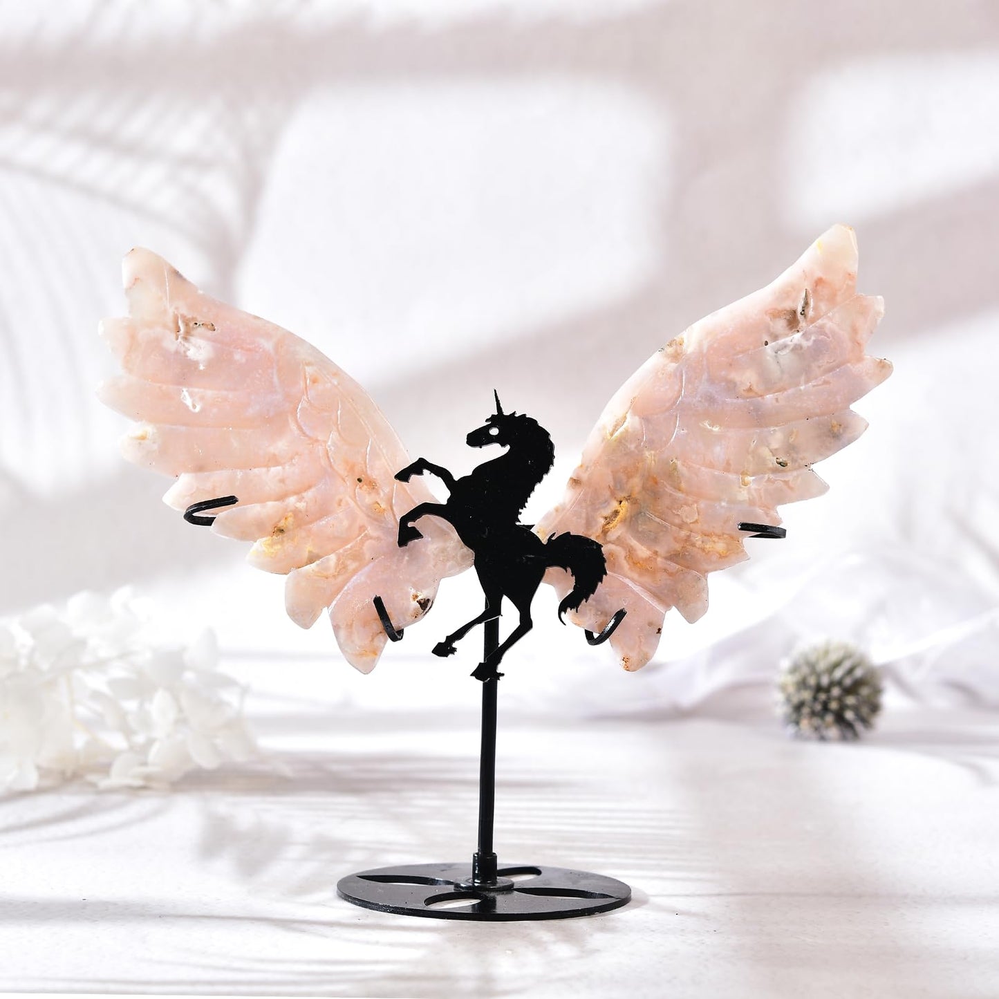 JIC Gem Large Sakura Agate Quartz Crystal Carved Wings with Unicorn Stand Healing Crystal Energy Gemstone Decoration Gifts(1pair)