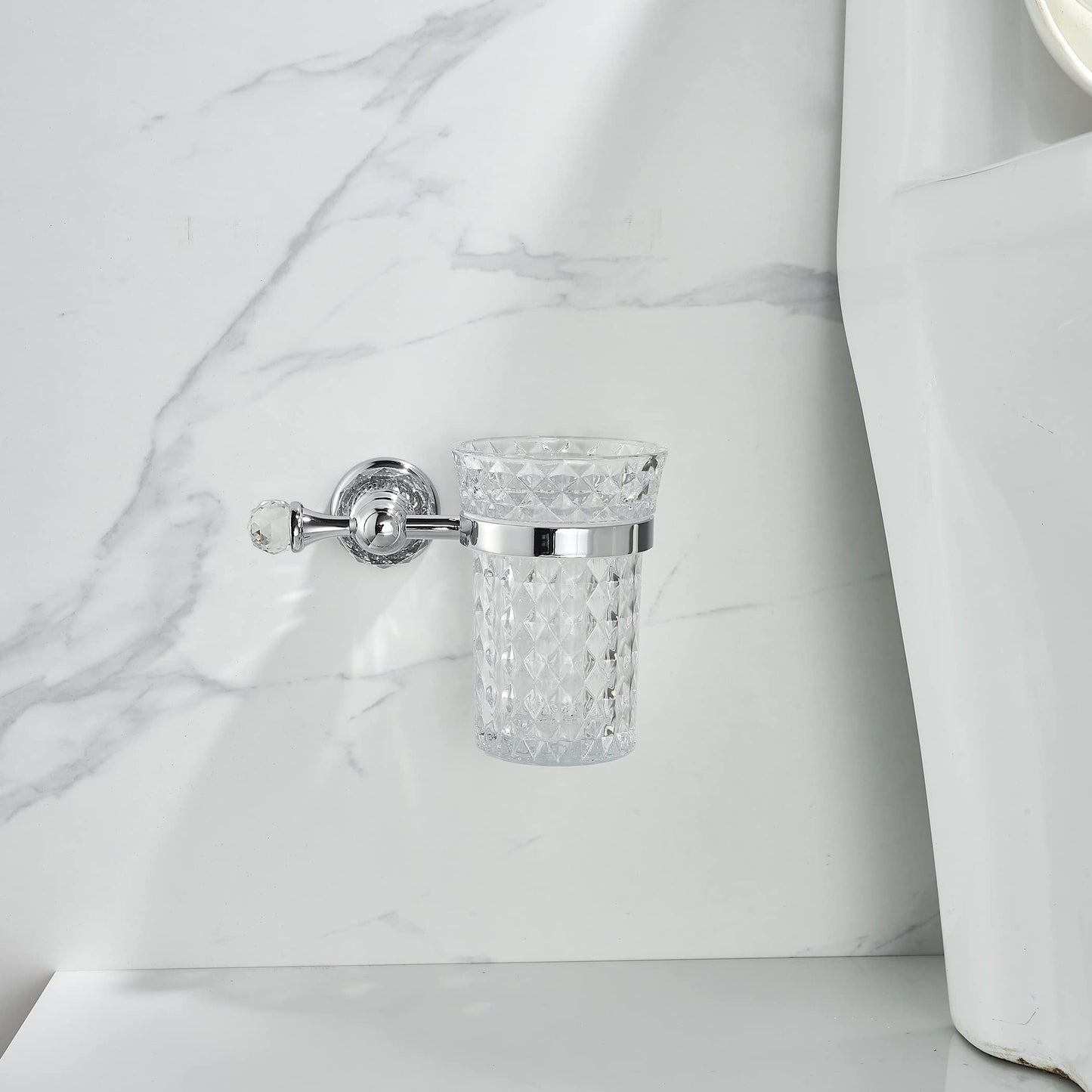 WOLIBEER Crystal Toilet Brush Holder, Chrome Toilet Cup Set with Polished Silver Brush Handle Wall Mounted for Bathroom - Decorative Design,Space Saving.