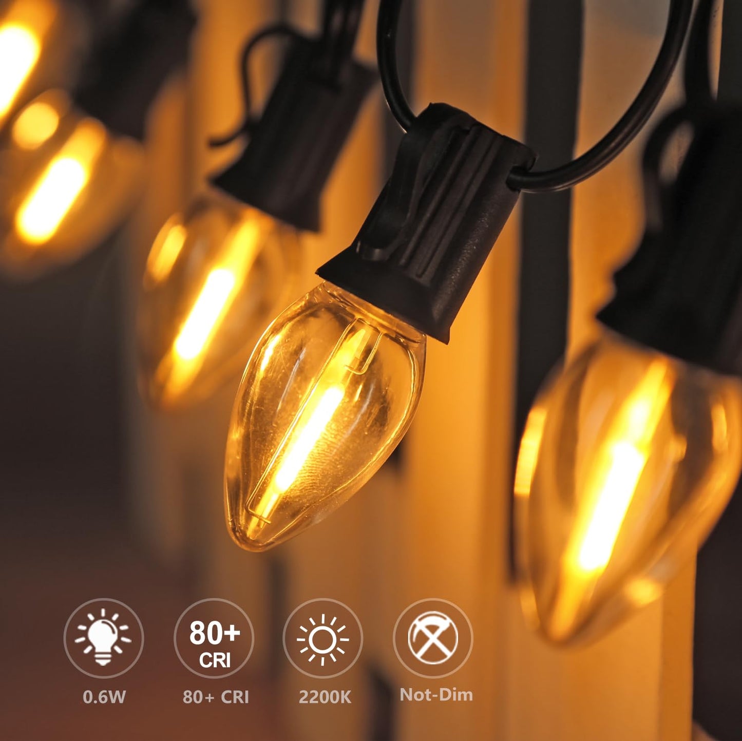 Erxiugs 25 Pack LED Night Light Bulbs, C7 Shatterproof Replacement Led Light Bulb for String Light, E12 Base Salt Lamp Bulbs, 0.6W Equivalent to 7W, Warm White 2200K, 50LM