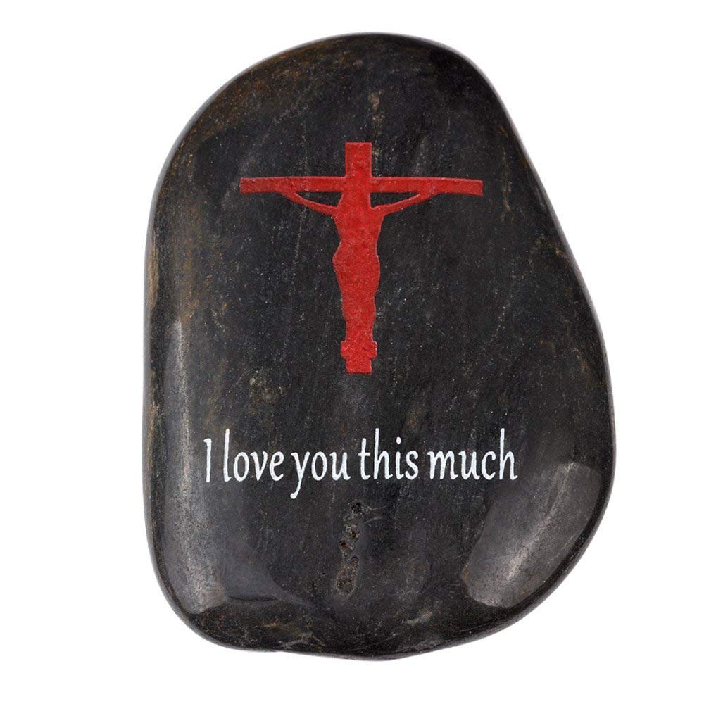 Holy Land Market Engraved Inspirational Stones Collection - I Love You This Much Stone, Polished River Stone, Black or Beige