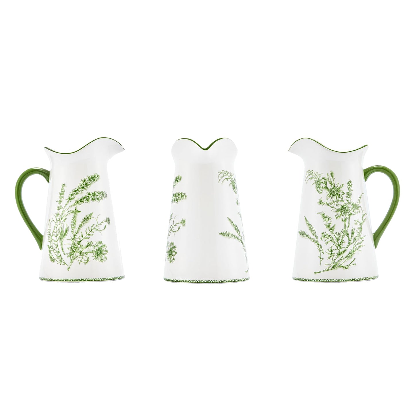 Bico Green Garden Toile De Jouy Ceramic 2.5 Quarts Pitcher with Handle, Decorative Vase for Flower Arrangements, Dishwasher Safe