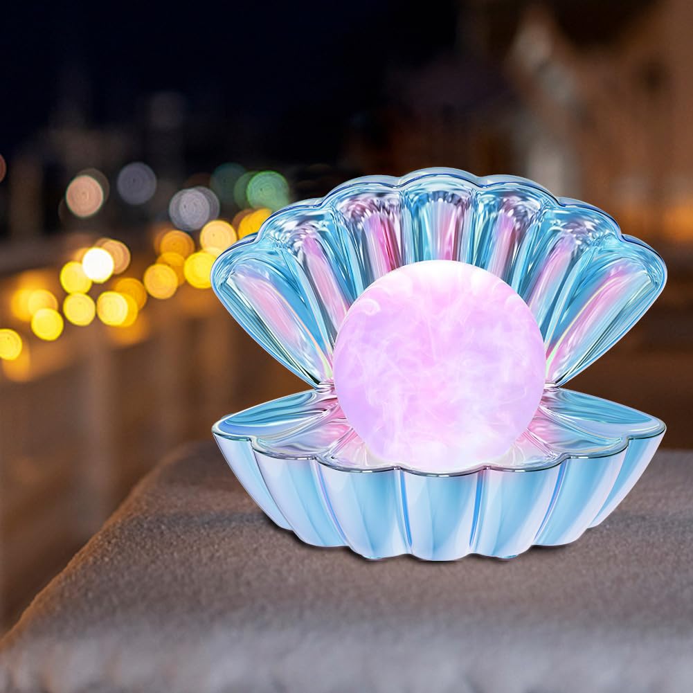 LKUA Shell Pearl Beach Themed Night Light, RGB 8 Colors Changing Mood Shell Pearl Lamps, Bedside LED Clamshell Portable Night Lights for Bar (Electroplating Blue)