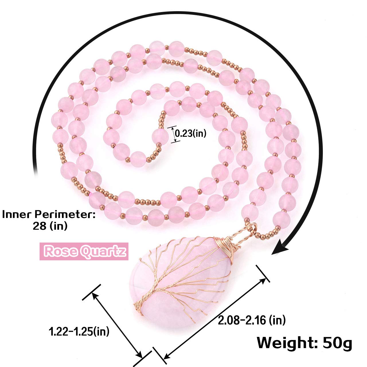 Top Plaza Natural Stone Beads Healing Crystal Rose Quartz Necklace Life Tree Wire Wrapped Teardrop Gemstone Pendant Jewelry for Womens Mother