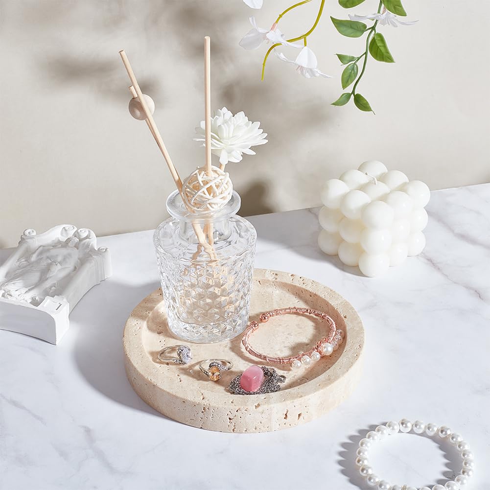 EVERJOYCRAFT Natural Travertine Candlestick Holder 6'' Diameter Round Stone Jewelry Display Plate 1'' Thick Candle Tray with 8 Adhesive Silicone Bumper Minimalist Modern Plate Holder Home Decor