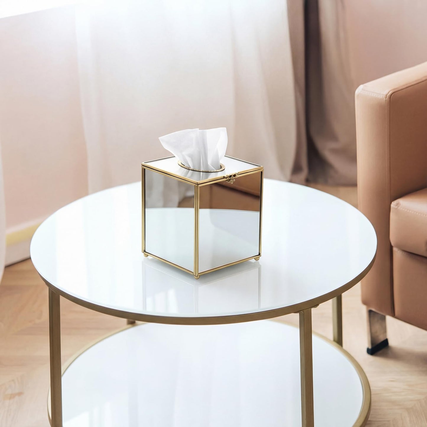 Sumnacon Square Glass Tissue Box Cover with Lid, Mirrored Cube Tissue Box Holder for Bathroom Home Office, Gorgeous Gold Facial Tissue Dispenser for Dresser Vanity Countertop Night Stand